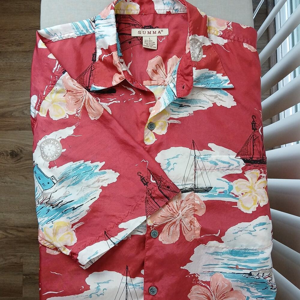 Summa Vintage Silk Blend Hawaiian Shirt Men's L red tropical nautical SS button